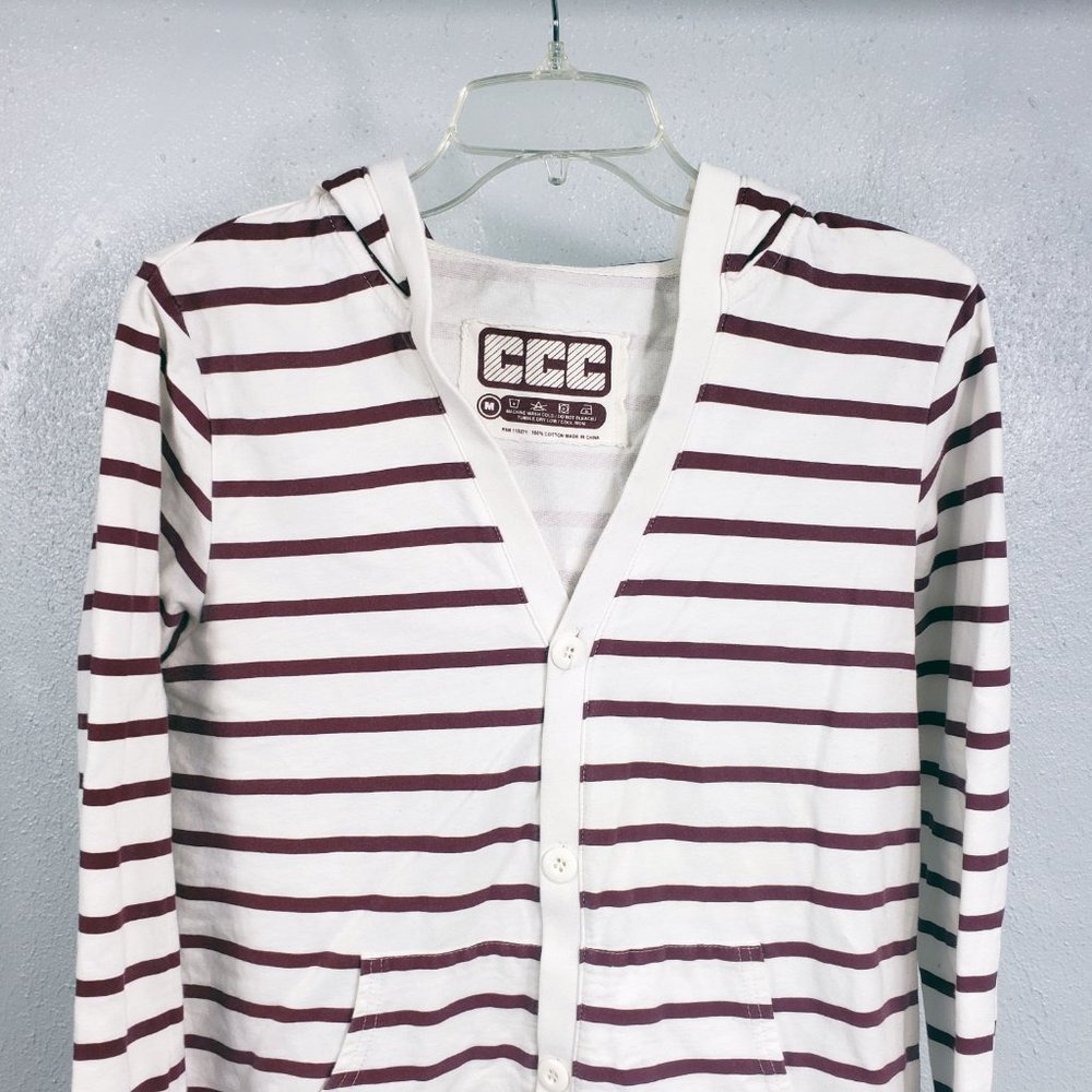 CCC Women's White Button Down Stripped Lightweight Sweater Coat Jacket Hoodie - Picture 2 of 11